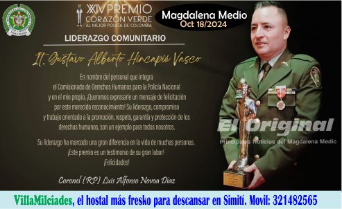 Hincapié, el mejor policía de Colombia, ganador del premio Corazón Verde.